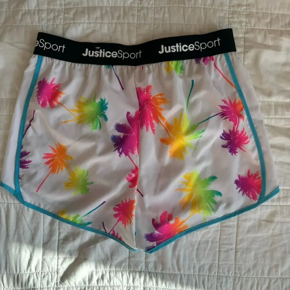 Justice girls size L 12 14‎ running shorts white multicolor palm trees summer